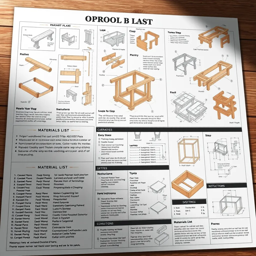 A digital illustration showing a woodworking plan with clear step-by-step instructions, diagrams, and a labeled materials list. The illustration should be visually appealing and easy to navigate, highlighting the comprehensive nature of the plans.