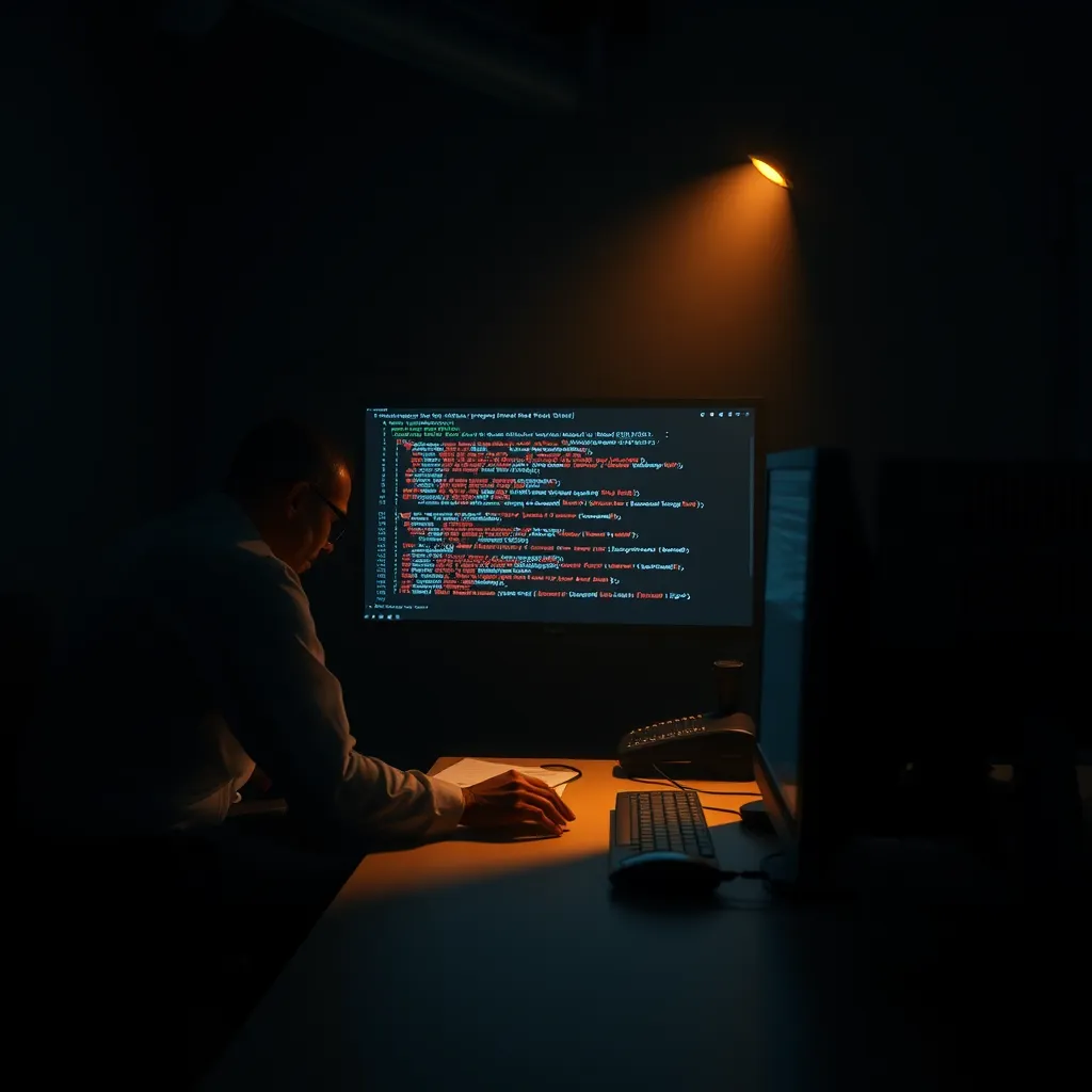 A dimly lit room with a lone researcher hunched over a computer, a screen displaying a complex algorithm and code, symbolizing the discovery and exploration of hidden AI models.