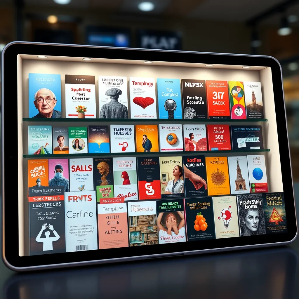 A diverse collection of digital products displayed in a virtual storefront on a tablet screen.  The products include ebooks, templates, stock photos, fonts, and design elements, visually representing the vast selection available.