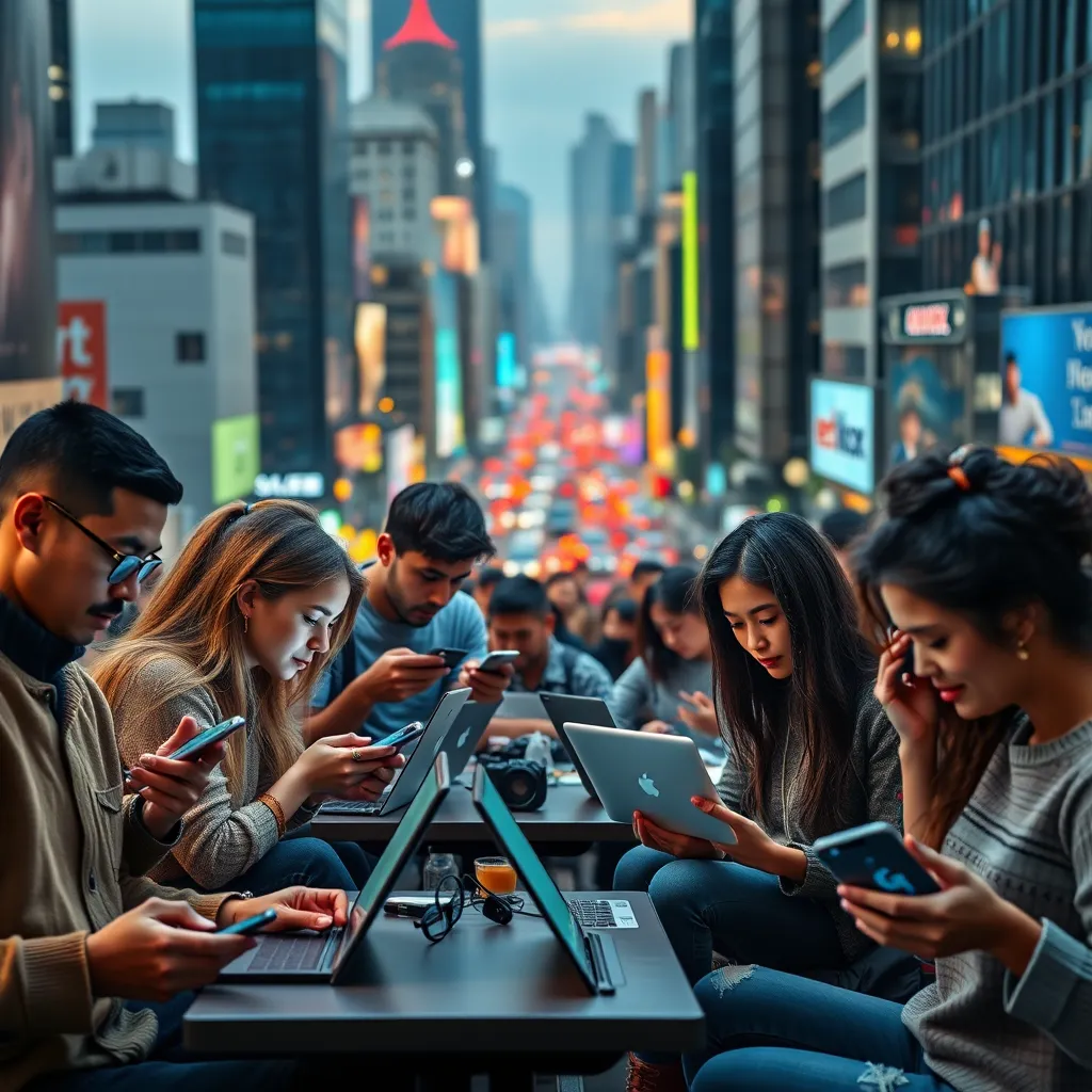 A diverse group of people, all ages and backgrounds, are using their phones and laptops to work on social media, showcasing different types of social media jobs like creating content, managing communities, and analyzing data. The background is a vibrant cityscape with busy streets and towering buildings, representing the dynamic nature of the social media landscape.