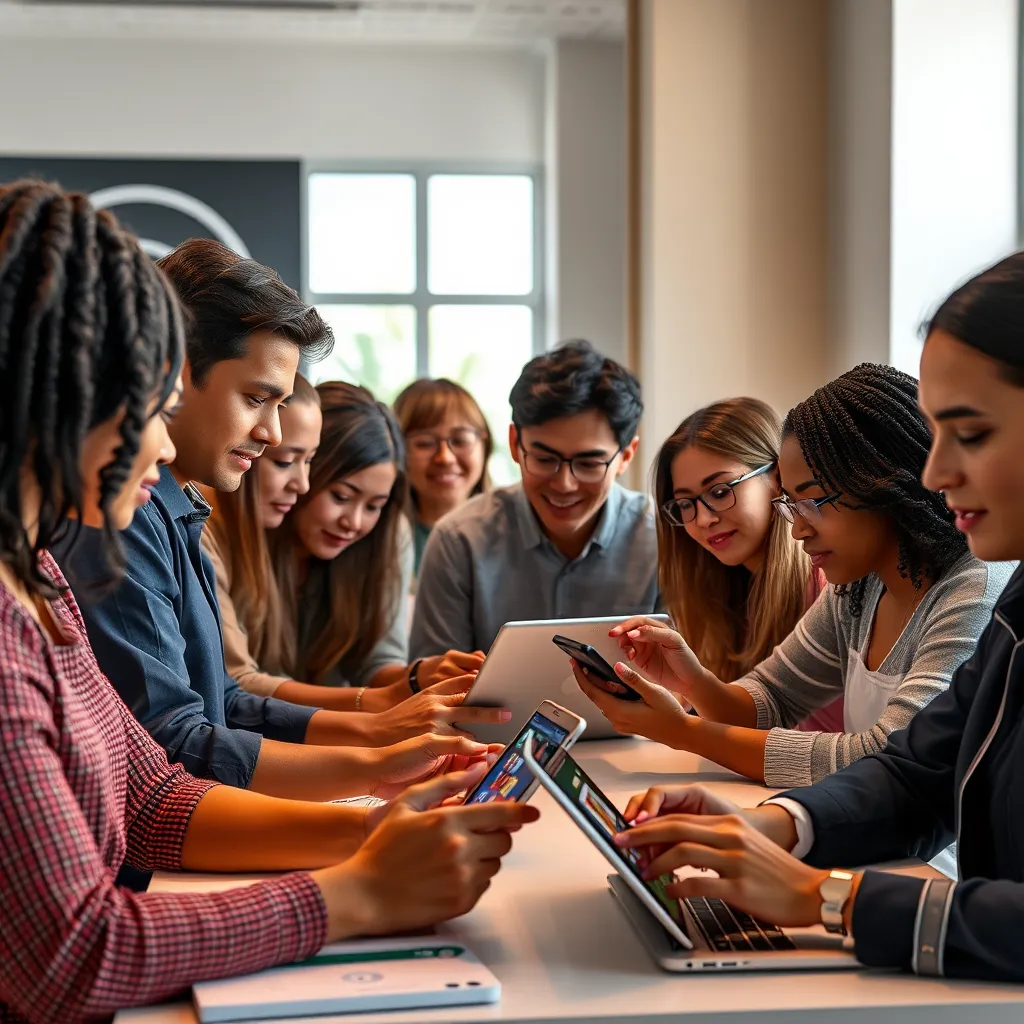 A diverse group of people, from students to professionals, interacting with AI models on their laptops, tablets, and phones, showcasing the ease of use and accessibility of AI Universee.