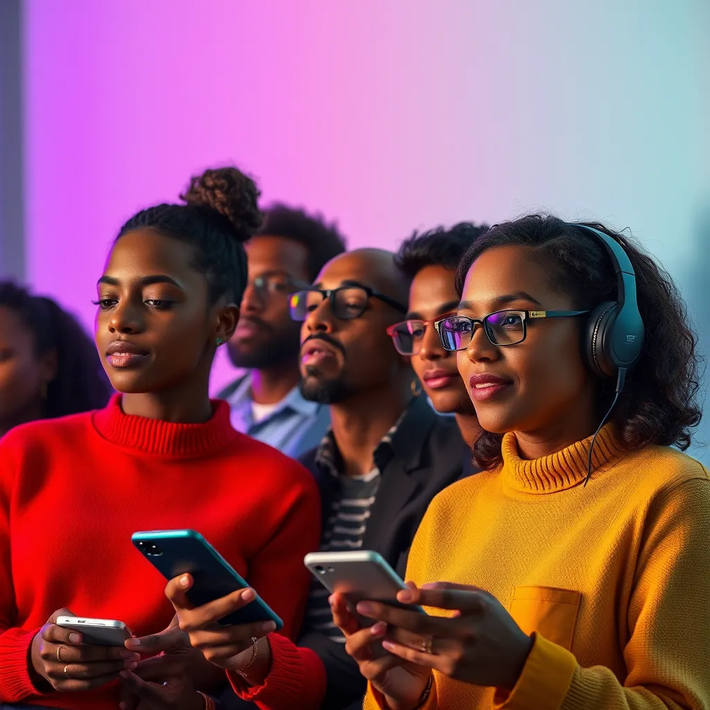 A diverse group of people from various backgrounds listening to different voiceovers on their devices. The image should have a vibrant color palette, reflecting the variety and flexibility offered by the technology.