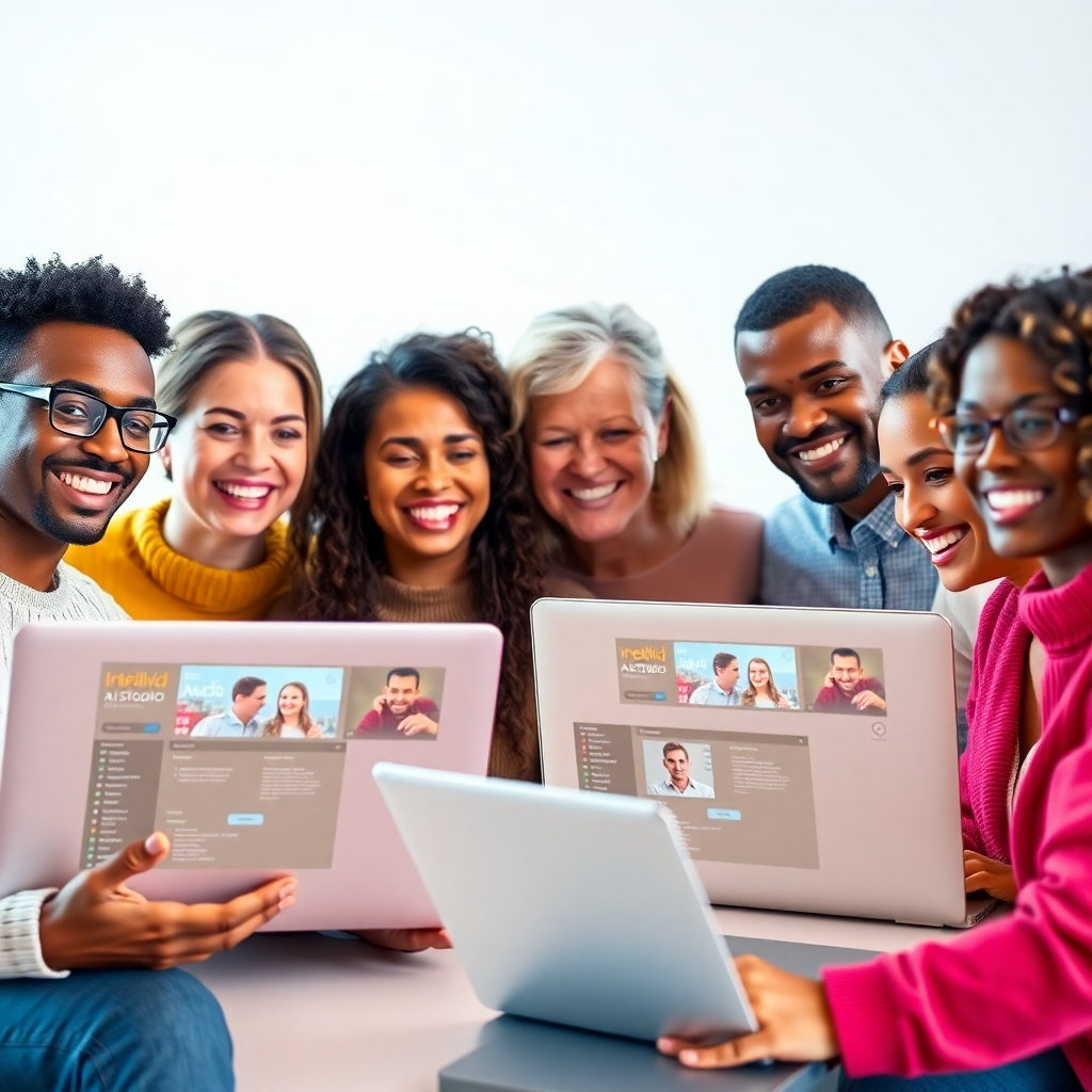 A diverse group of people from different age groups and backgrounds smiling and looking at their laptops, each displaying the Intellivid AI Studio interface. The background should be bright and positive. The image should exude inclusivity and ease of use.