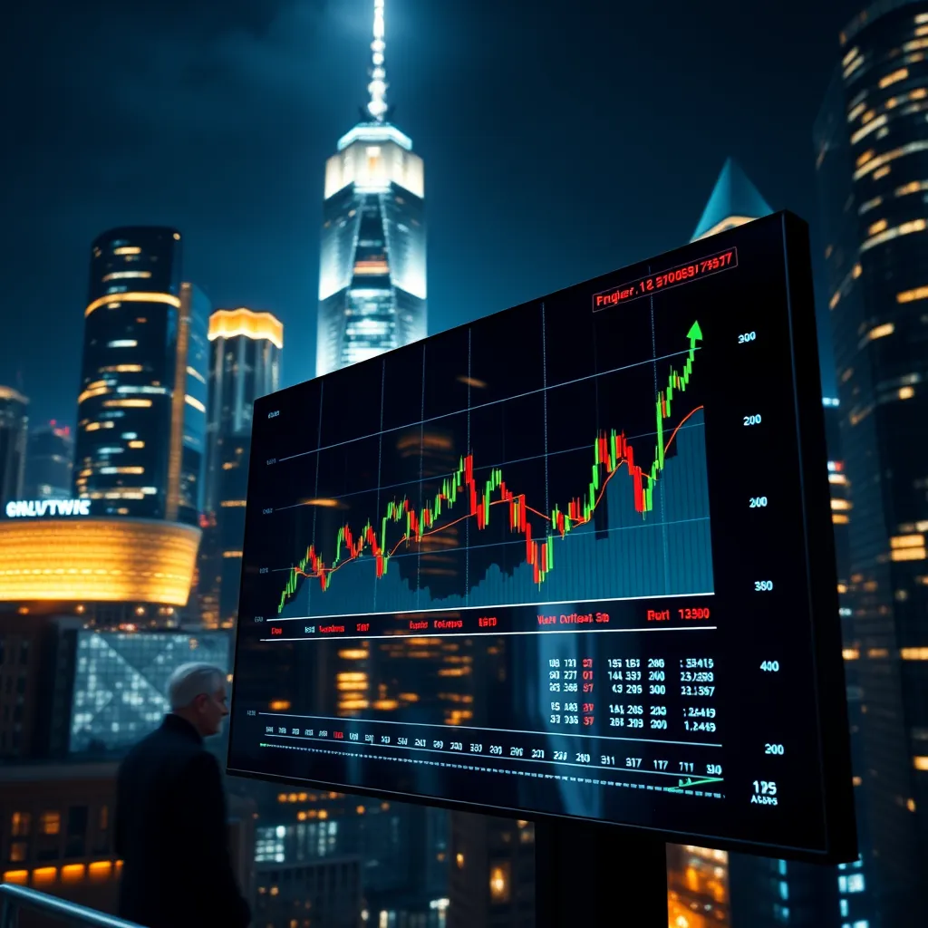 A dramatic image of a cityscape at night, with towering buildings illuminated by bright city lights. A large, transparent screen in the foreground displays real-time stock market data, showing a chart with a bullish trend and a series of successful trades marked with green arrows. The screen is positioned at a slight angle, with the city skyline reflected in its glossy surface. The image should have a dynamic, fast-paced feel, capturing the energy and excitement of intraday trading. Emphasize the sharp contrasts between the dark city skyline and the bright, glowing screen, highlighting the crucial information presented on the chart. Render the image in a photorealistic style, focusing on the details of the screen, the vibrant colors of the market data, and the shimmering reflections of the city lights.