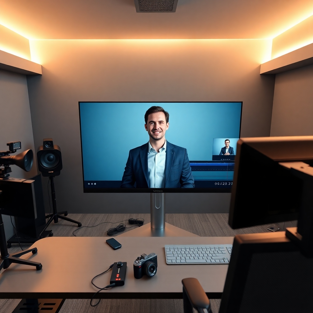 A dynamic, 8K resolution image depicting a sleek, modern video editing suite with a large monitor displaying a video of a photorealistic male digital human speaking. The digital human is professionally dressed in a business suit and has a friendly, engaging expression. The editing suite features a minimalist aesthetic with clean lines and neutral color tones. The lighting in the room is warm and inviting, and the overall mood is one of efficiency and professionalism. The camera angle is a high-angle shot, providing a comprehensive view of the editing process. Textures should emphasize the sleek metallic surfaces of the equipment and the smooth, realistic texture of the digital human's skin and clothing. The background is a muted gray, focusing attention on the monitor's content.  The style should evoke the atmosphere of a high-tech, professional video production studio. The image includes several subtle details that suggest the ease and speed of the video creation process, such as a partially completed video timeline on the monitor, and the tools used.  The overall composition should reflect an experience that is both professional and approachable. The mood should be upbeat and inspire confidence in the ease of video creation.