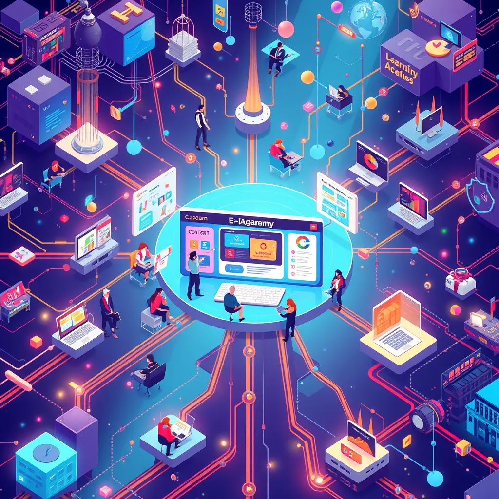 A dynamic and colorful illustration depicting a vast, interconnected network of e-learning platforms. A central hub showcasing an academy dashboard with students interacting with courses, a content library, and a secure payment gateway.