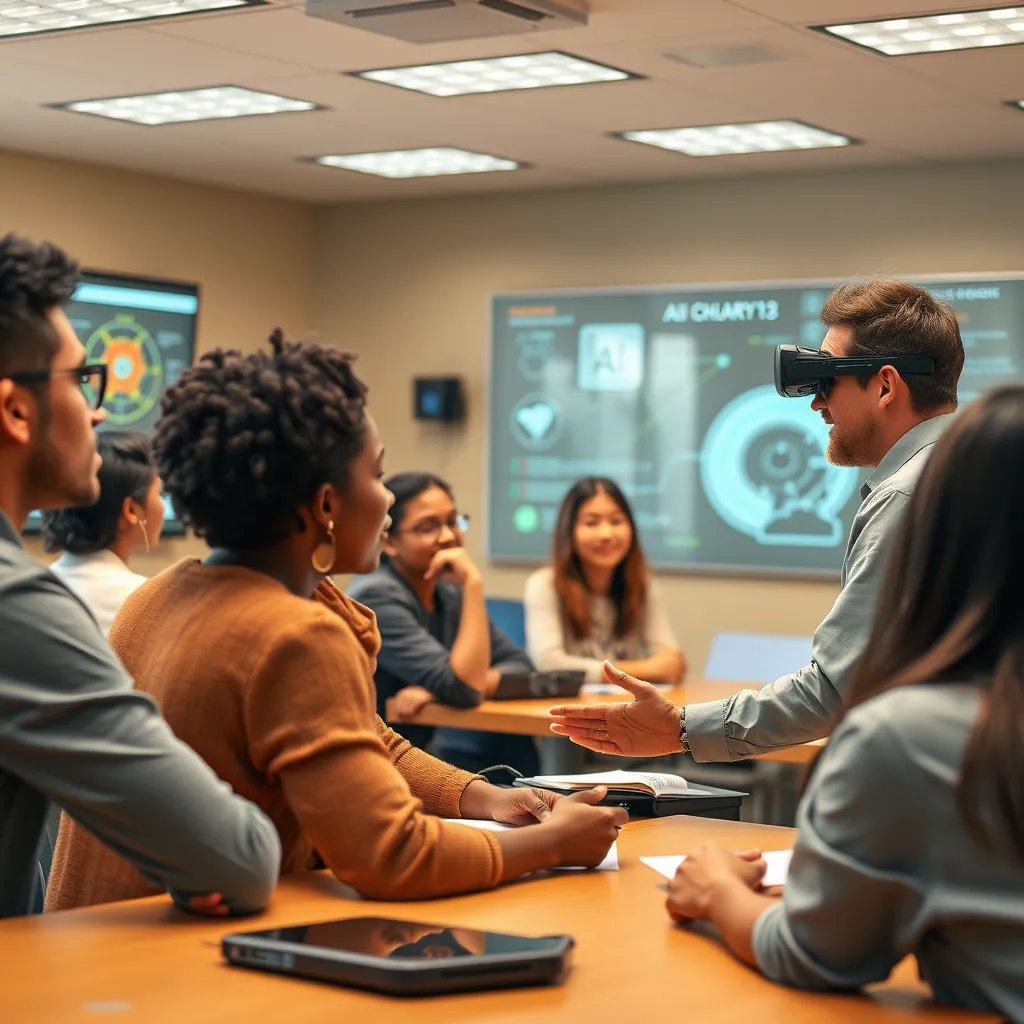 A dynamic classroom setting with a diverse group of students engaged in an interactive AI training session. The classroom features advanced technology such as augmented reality displays and interactive simulations that bring AI concepts to life. The instructor, a passionate and knowledgeable AI expert, leads the discussion, encouraging student participation and collaboration. Capture a moment of active learning and discovery, showcasing the power of AI education to unlock human potential. Render in realistic detail with a warm, inviting color palette that emphasizes the collaborative and engaging nature of the learning environment. The overall mood should convey a sense of curiosity, empowerment, and a commitment to lifelong learning.