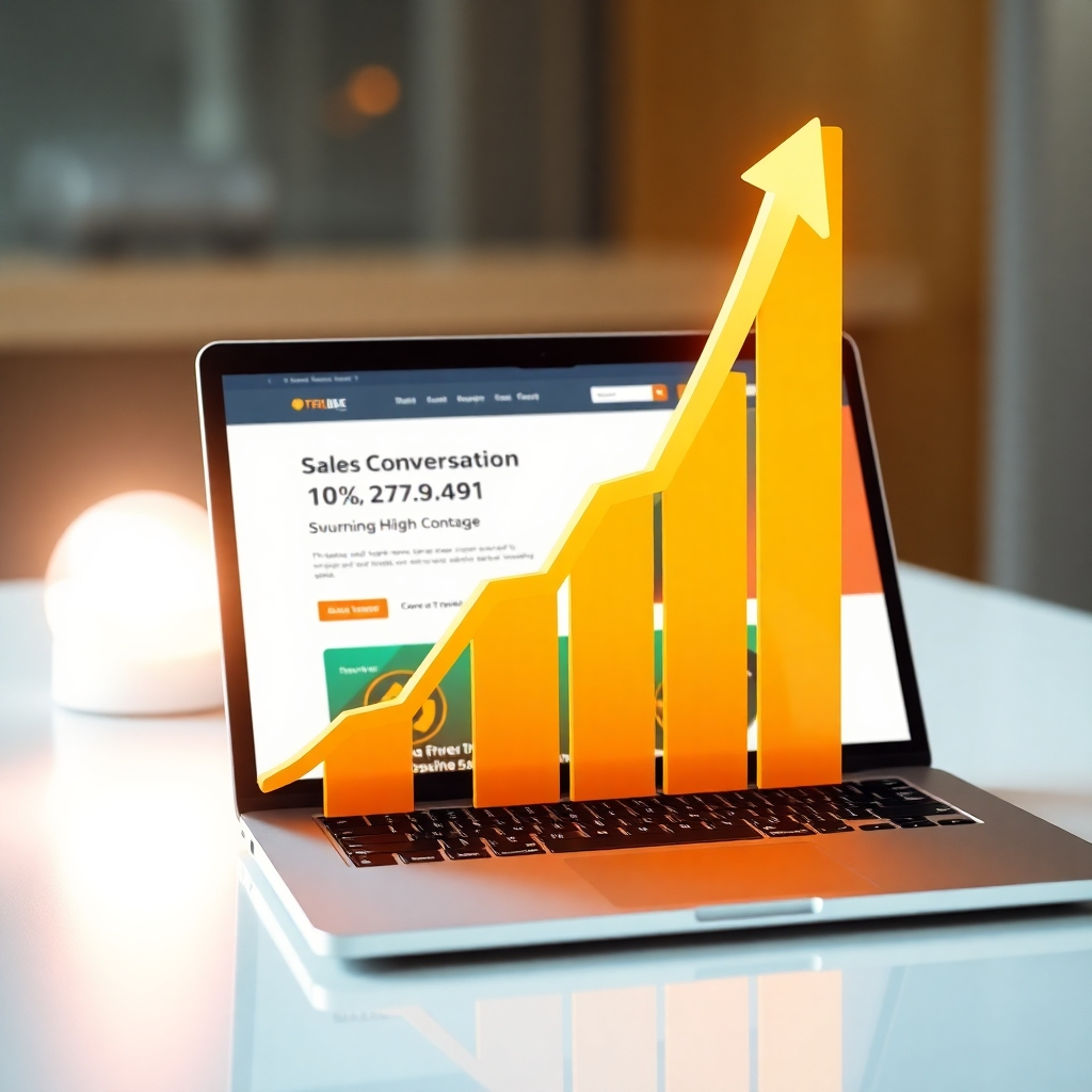 A dynamic graph showing a sharp upward trend, representing increased sales and conversions. The graph is overlaid on a background of a laptop displaying a stunning, high-converting sales page. The scene is bright and professional, suggesting success and growth.  Use a futuristic style with bright, clean colors.