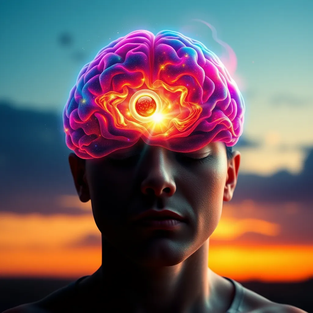 A dynamic image of a person, eyes closed, meditating.  Their brain is represented as a swirling nebula of vibrant colors, with the pineal gland at the center, radiating light and energy.  The background could be a calming natural scene, like a sunrise or a starry night.