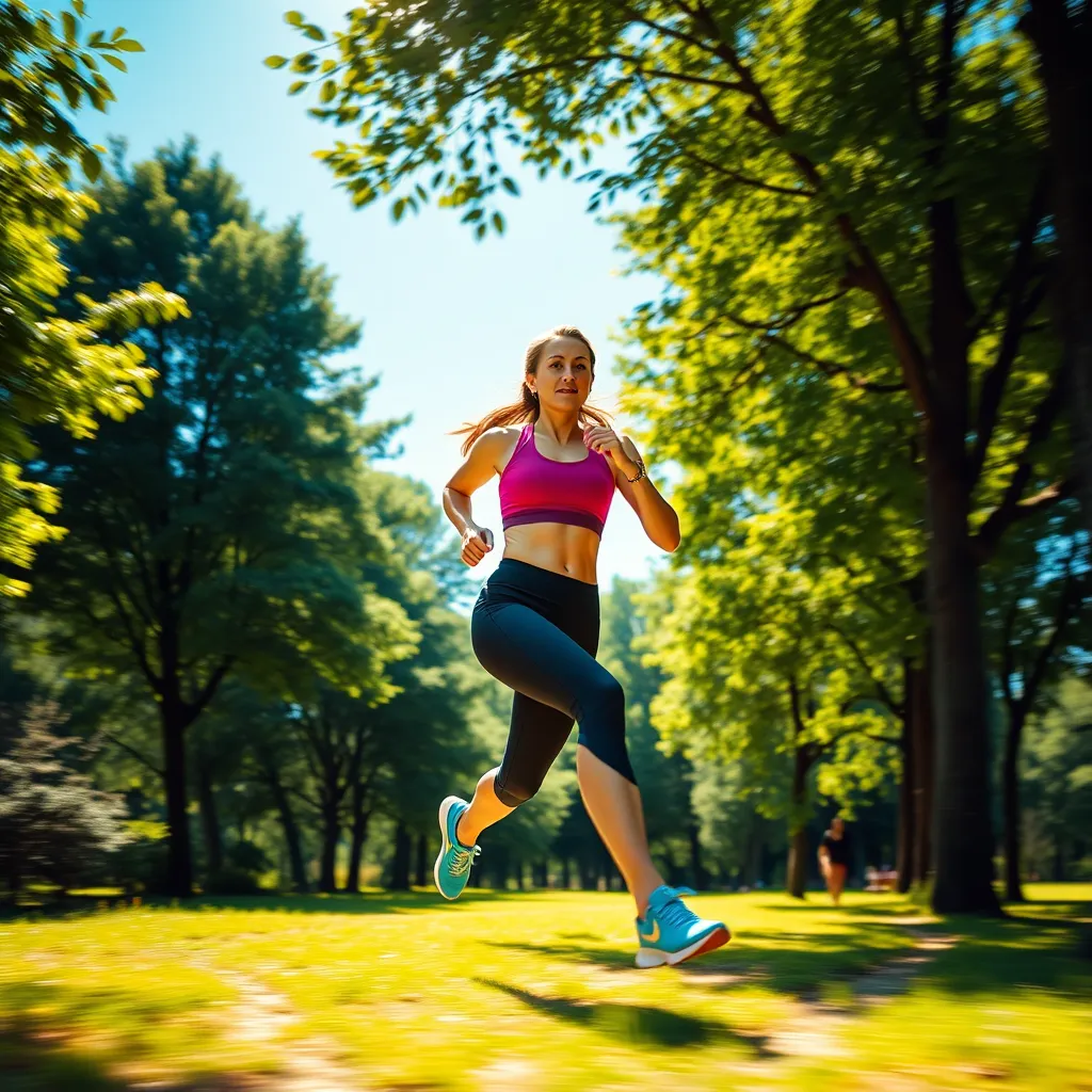A dynamic image of a woman in activewear, confidently jogging through a scenic park.  The woman's expression is determined and energized.  She is surrounded by lush greenery, with a bright blue sky above.  Sunlight filters through the trees, casting dappled shadows on the ground.  Her movements are fluid and powerful, with a sense of effortless motion.  The woman's energy and vitality are palpable, conveying a sense of health and wellness.  The image should be captured in a photorealistic style, with vibrant colors and detailed textures.  The focus should be on the woman's movement and her confident energy.  The background should be a blur of green and blue, creating a sense of depth and motion.