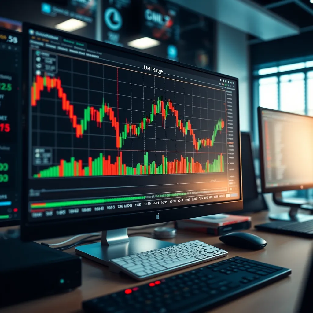 A fast-paced, dynamic image showcasing a trader's screen displaying a live stock chart with a range-bound market. The chart should show multiple small trades being executed within the defined range, highlighting the fast-paced nature of scalping. The image should also include a background of a modern trading desk with technology and tools, creating a sense of activity and professionalism.