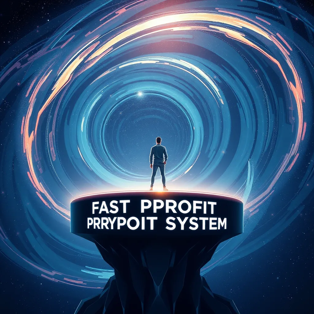 A futuristic, abstract illustration depicting a person standing on a platform representing the Fast Profit System. The platform is surrounded by a swirling vortex of opportunities, symbolizing the vast potential for growth and success. The background should be a dark, starry sky, representing the limitless possibilities for the future.