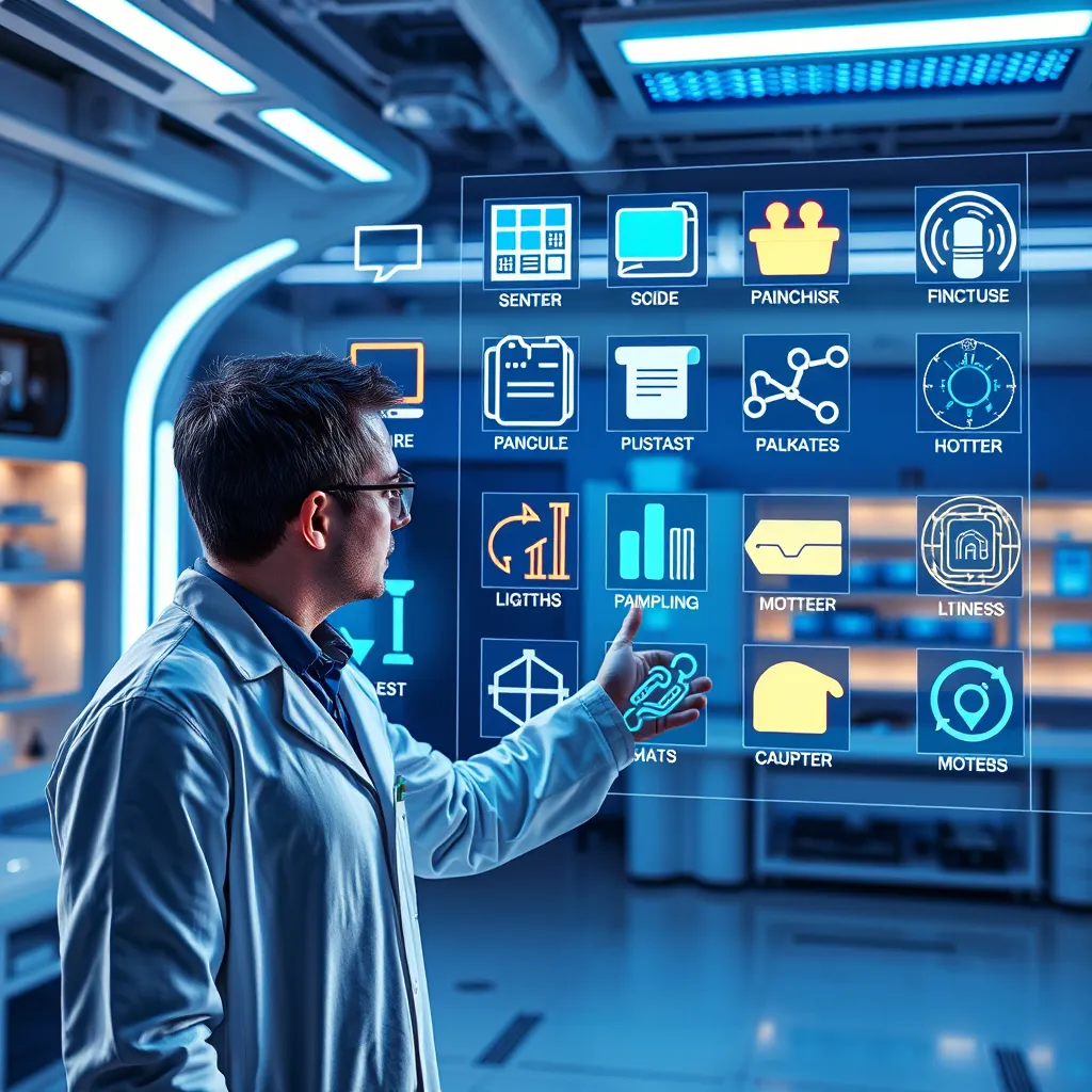 A futuristic, brightly lit lab with a large holographic screen displaying a variety of AI model icons, like text bubbles, paintbrushes, graphs, and code lines. A scientist in a lab coat interacts with the screen, selecting different models.