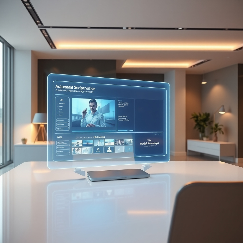 A futuristic, clean workspace with a holographic screen displaying a video creation workflow, showing AI automating scriptwriting, image/video selection, editing, and final video output. The background should be a sleek, modern office setting with soft, ambient lighting.