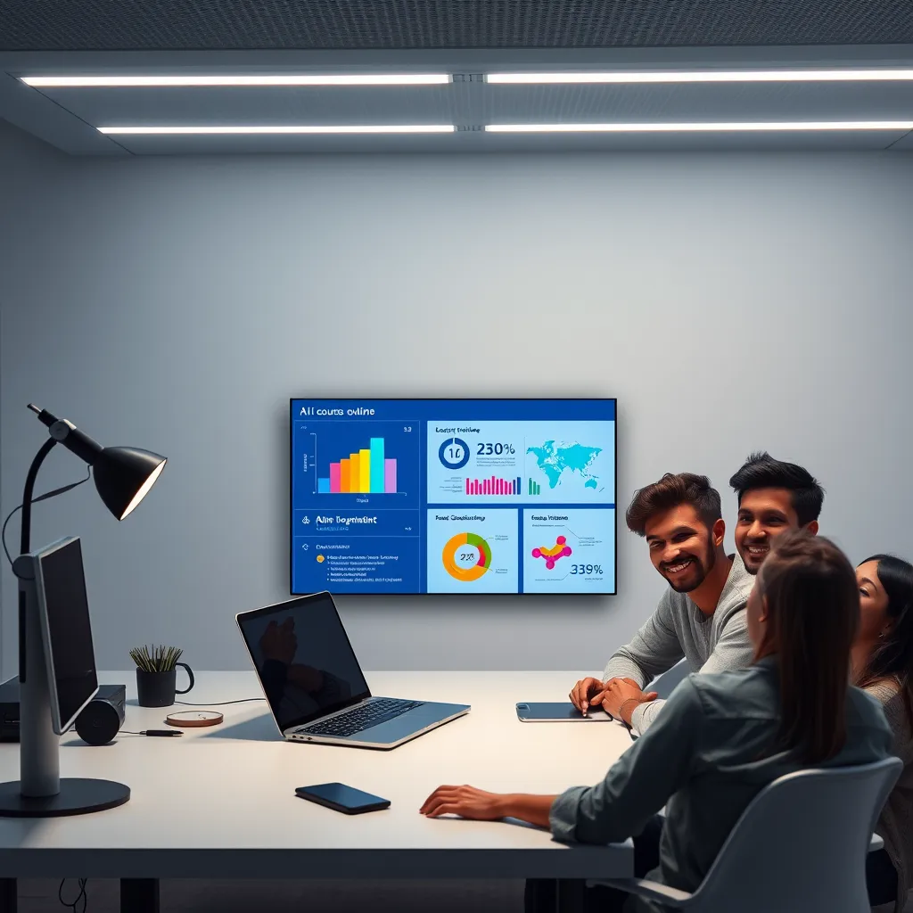 A futuristic, minimalist workspace with a laptop displaying a user-friendly AI interface generating a course outline, a vibrant infographic depicting course content, and a cheerful, diverse group of people learning from the course.