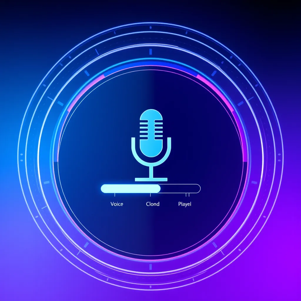 A futuristic, sleek interface with a microphone icon and a progress bar showing a voice cloning process. The background should be a gradient of blue and purple, representing the innovative nature of the technology.