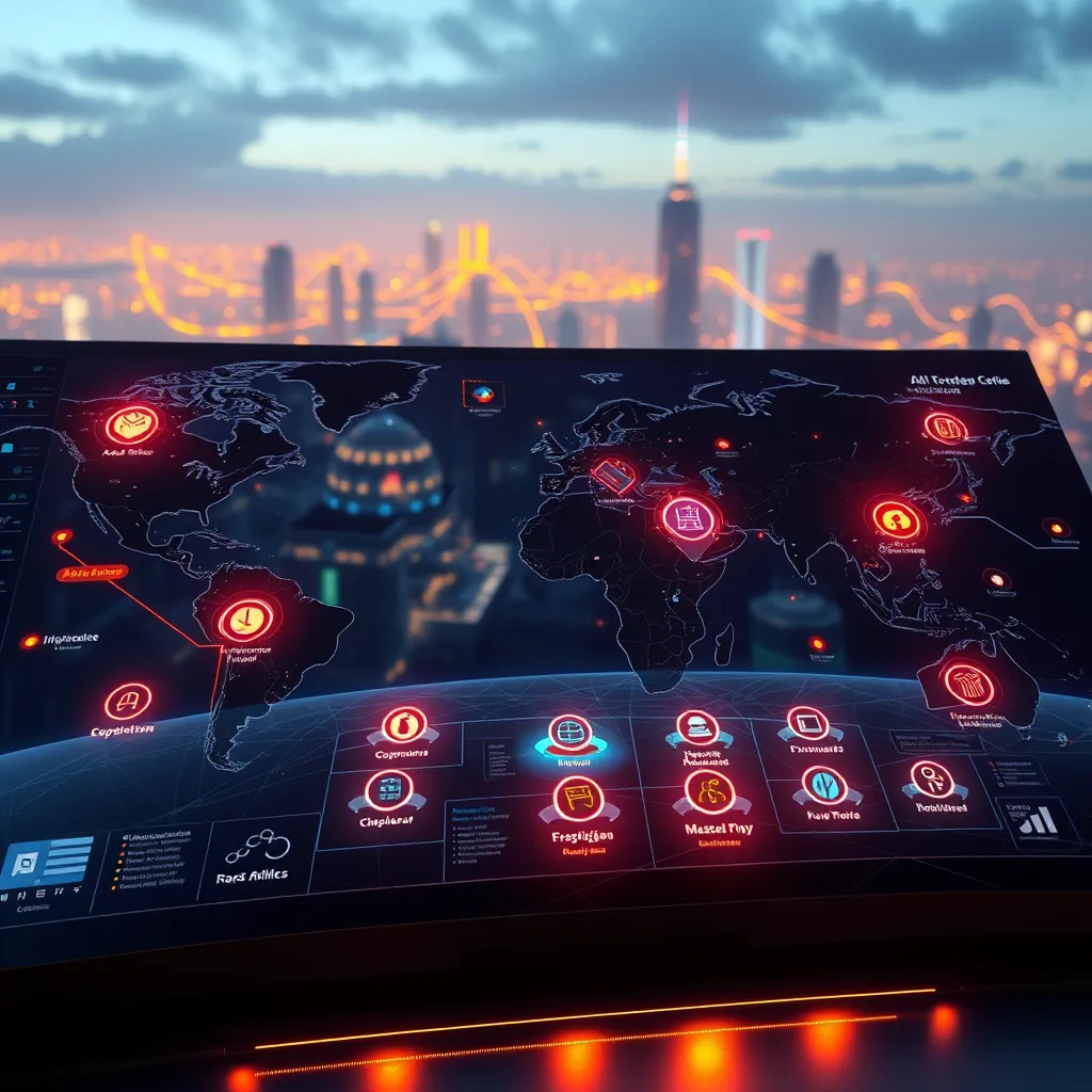 A futuristic, sleek interface with a large, interactive map showcasing various AI models represented by vibrant icons. Each icon pulsates with energy, showcasing the diverse capabilities of each model. The background features a glowing cityscape, symbolizing the vast potential of AI.  The scene is bathed in soft, warm light, creating a sense of innovation and excitement. Render in 8K resolution, hyperrealistic detail, with a focus on dynamic lighting and textures. The overall mood should convey a sense of discovery and limitless possibilities.