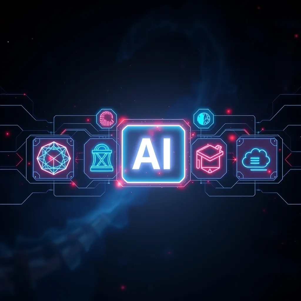 A futuristic, sleek interface with various AI models represented by icons, each with a unique design and color. The interface should be glowing with data streams and connections, highlighting the power of multiple models working together. The background should be a dark, abstract space with swirling nebulae.