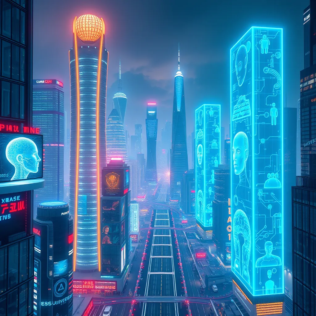 A futuristic cityscape with glowing skyscrapers and holographic displays showcasing various AI models, representing the diverse capabilities and power of AI Universee.