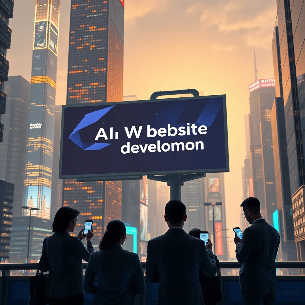 A futuristic cityscape with glowing skyscrapers, showcasing a large digital billboard displaying 'AI Website Development' and a group of businesspeople on their phones, receiving notifications about new clients from AI-powered lead generation.