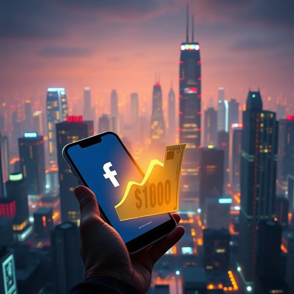 A futuristic cityscape with glowing skyscrapers representing Facebook's data centers. In the foreground, a person holding a smartphone with a Facebook logo, a graph showing exponential growth, and a $1000 bill emerging from the screen.