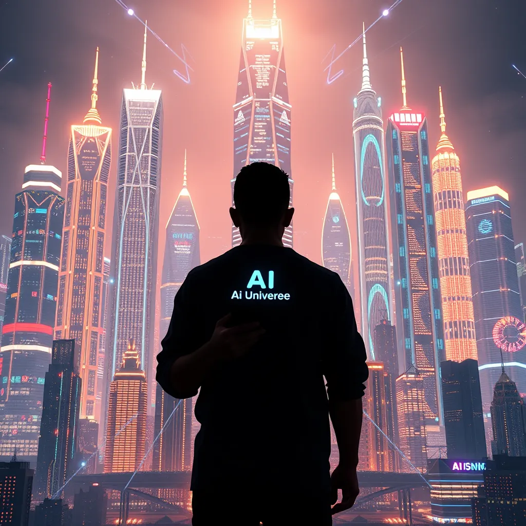A futuristic cityscape with glowing skyscrapers representing different AI models. A person stands in the center, holding a smartphone with AI Universee logo, connected to all skyscrapers by glowing lines. The scene conveys unity and synergy of multiple AIs.