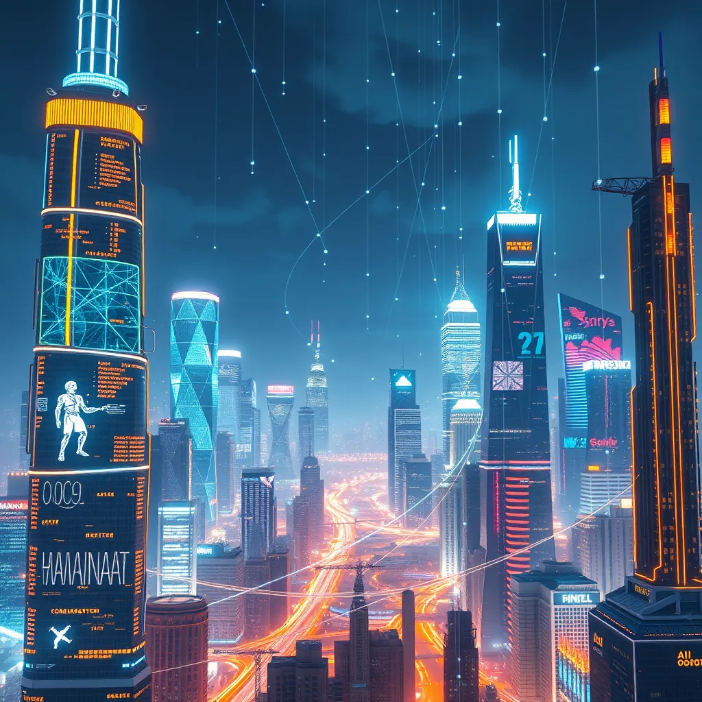 A futuristic cityscape with glowing skyscrapers and holographic projections, showcasing diverse AI models in action, such as a robot painter, a language translator, and a music composer, all connected by a network of glowing lines.