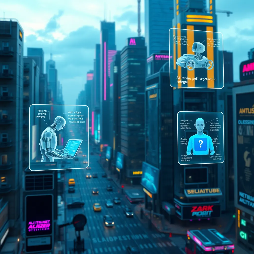 A futuristic cityscape with holographic displays showcasing different AI models, such as a robot writing code, a 3D modeler creating a car, and an AI assistant answering questions. The overall vibe should be vibrant and dynamic, reflecting the endless possibilities of AI.