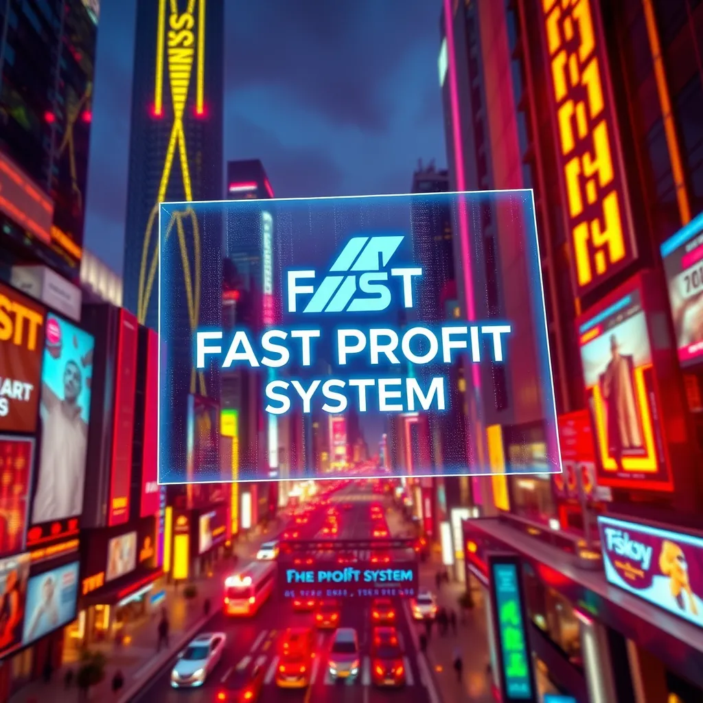 A futuristic cityscape with holographic displays showcasing the Fast Profit System. The system's logo should be prominently displayed, with sleek, modern lines and vibrant colors. The cityscape should be vibrant and full of energy, representing the cutting-edge nature of the system.