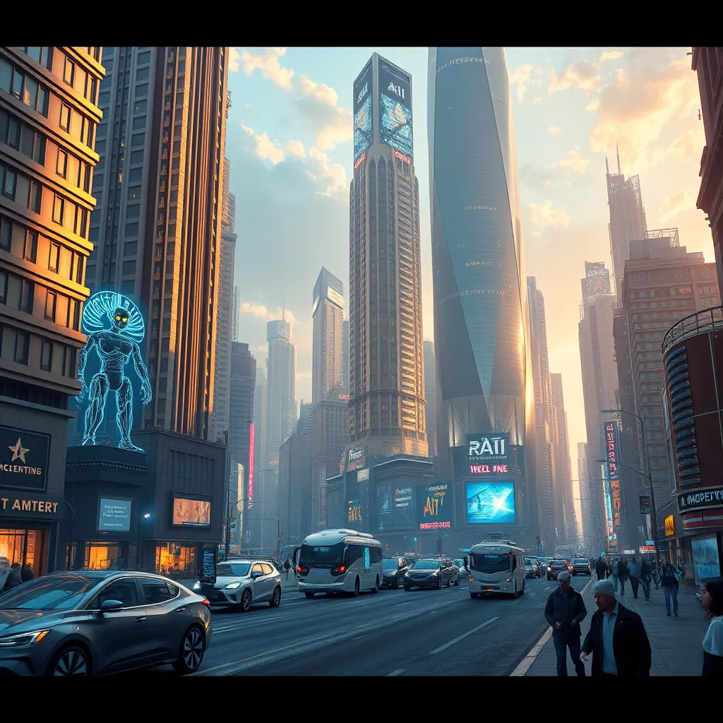 A futuristic cityscape with towering buildings showcasing advanced AI applications like self-driving cars, holographic displays, and robots interacting seamlessly with humans.  The scene is filled with a sense of wonder and optimism, highlighting the transformative power of multi-model AI.