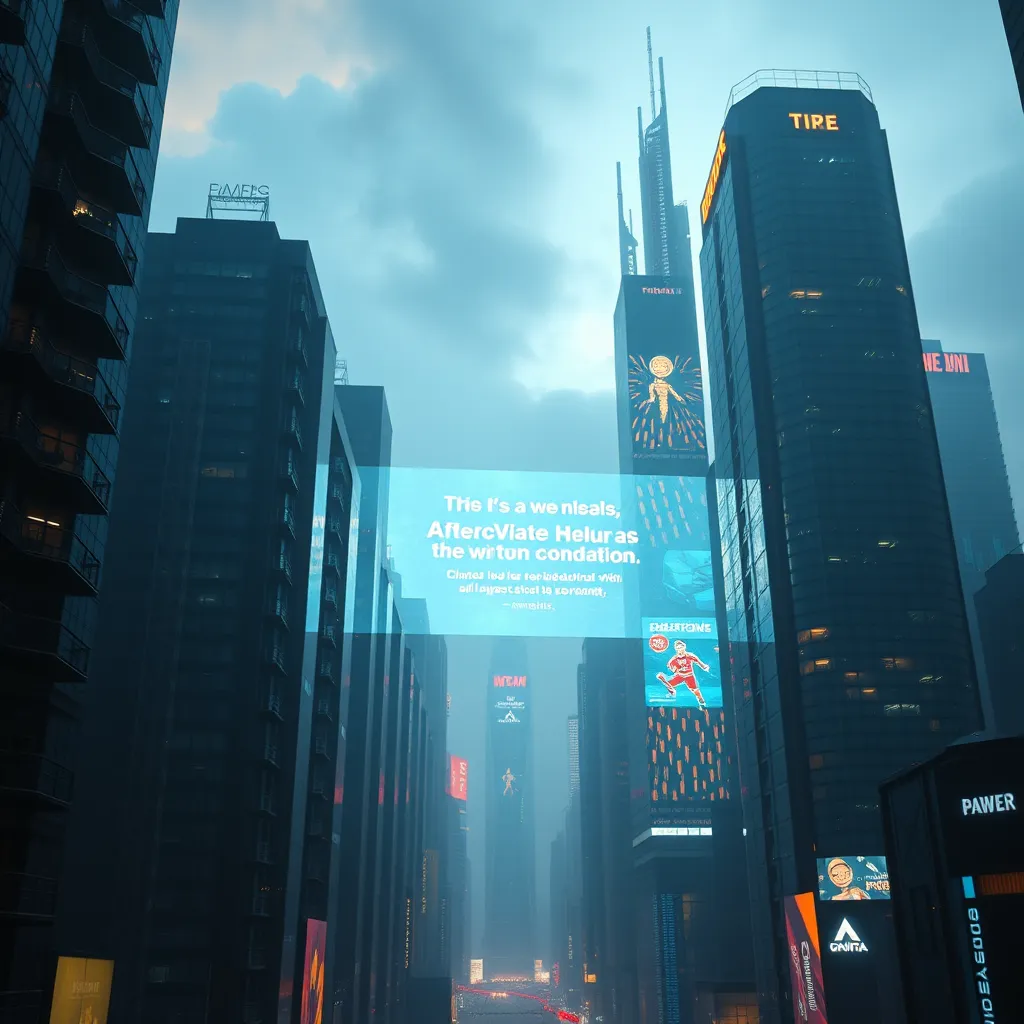 A futuristic cityscape with towering buildings, illuminated by a bright screen displaying captivating text and engaging visuals, showcasing the power of AI-generated content. The image should convey a sense of innovation and impactful storytelling.