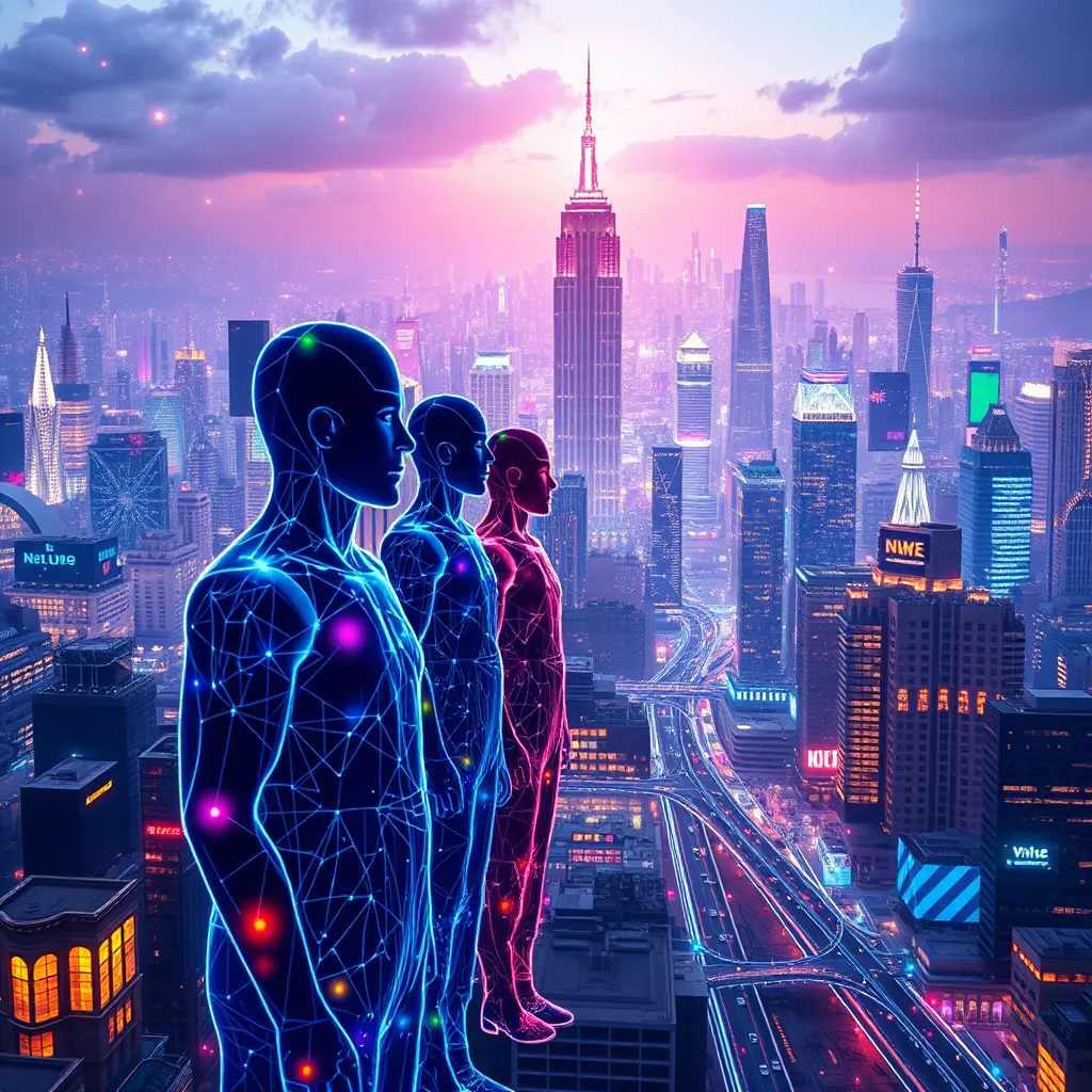 A futuristic cityscape with virtual human figures speaking different languages, each represented by a different color, all connected by a network of glowing lines. The background is a dynamic, ever-changing montage of global landmarks.