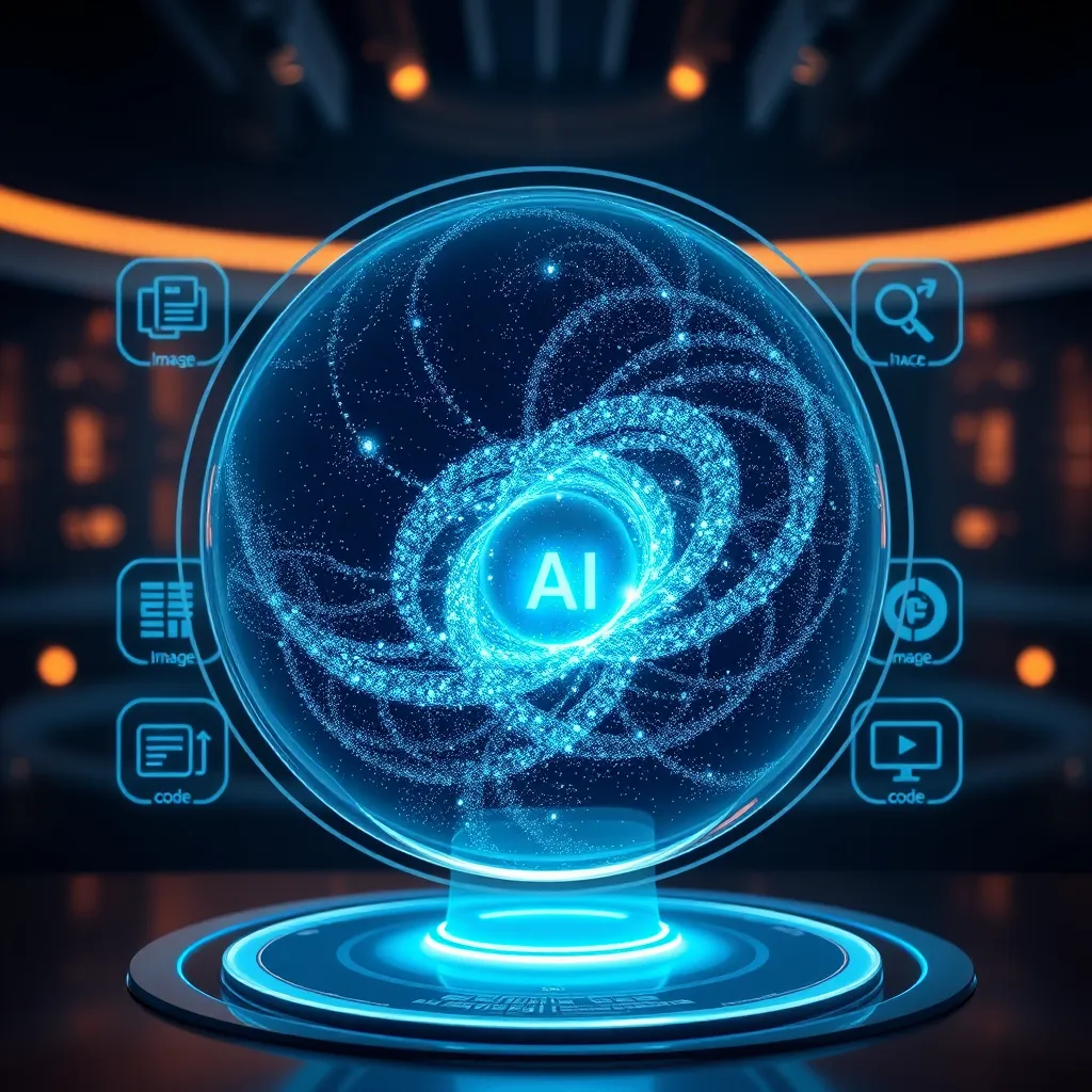 A futuristic interface with a glowing orb displaying a swirling galaxy of data points, representing diverse AI models. The orb is surrounded by icons symbolizing different AI capabilities like text, image, code, and analysis. The interface is clean and sleek, reflecting advanced technology.