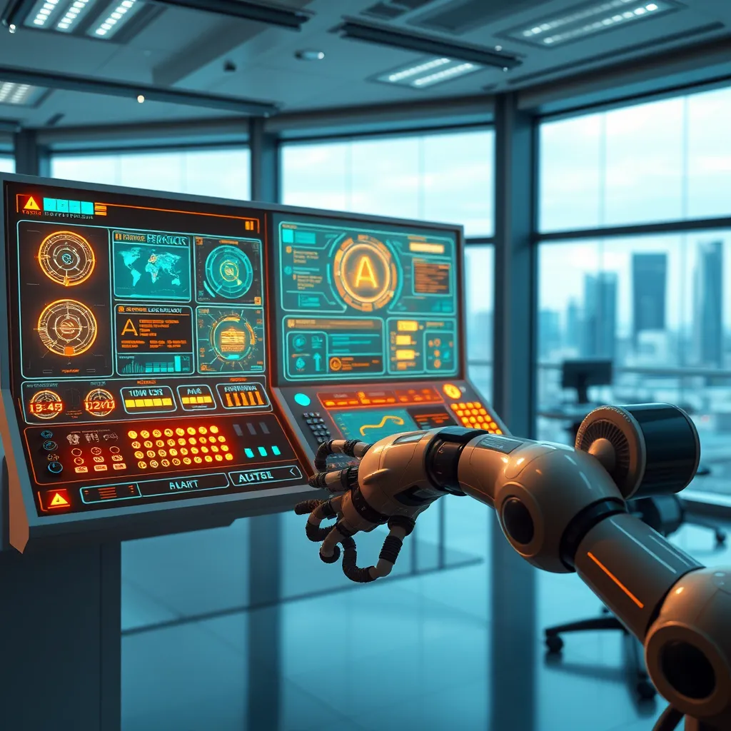 A futuristic-looking control panel interface with glowing buttons and displays, showing a variety of AI tools and features. The panel is surrounded by a modern office space with a large window overlooking a cityscape. There should be a robotic arm in the foreground, demonstrating the automation of tasks.