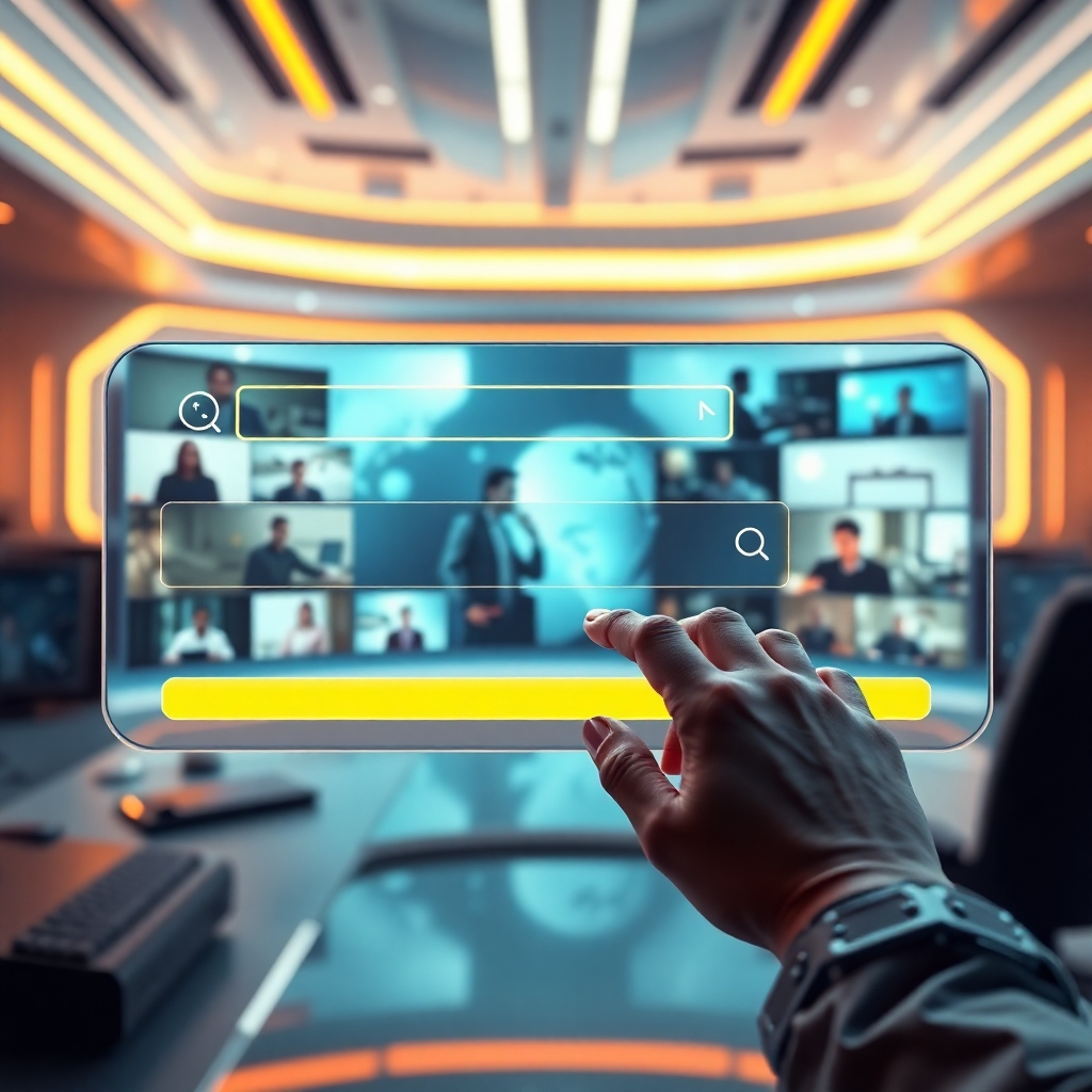 A futuristic-looking interface showing a user typing keywords into a search bar, and instantly generating a diverse array of professional, faceless videos on different topics.  The background is a clean, modern, high-tech setting with glowing screens and subtle futuristic elements. The videos themselves should showcase diverse styles and aesthetics, showcasing the versatility of the AI.