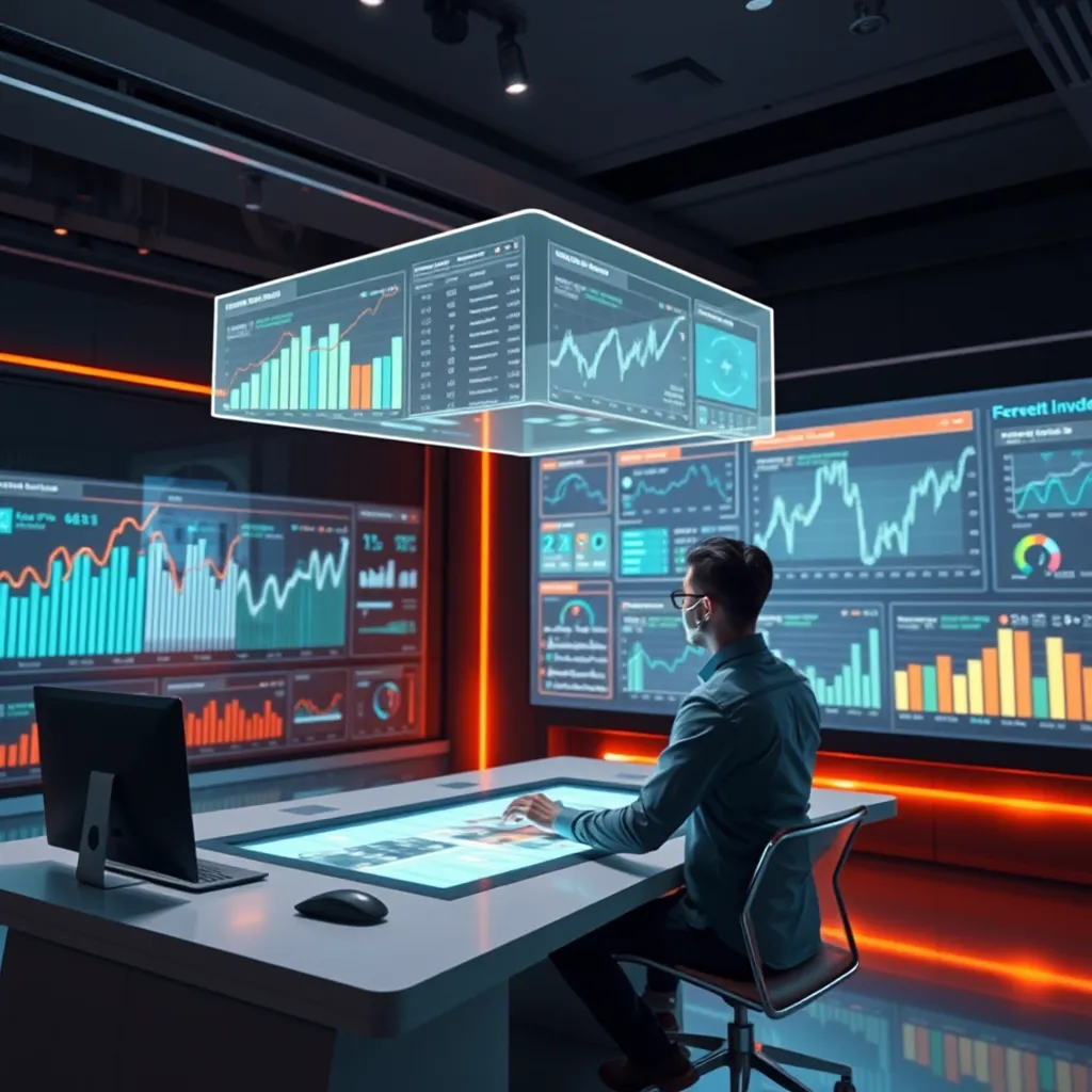 A futuristic-looking interface displaying various graphs, charts, and data visualizations on a large screen. A person is sitting at a sleek desk, interacting with the interface using a touch screen, with a holographic projection of a financial data dashboard hovering above. The overall atmosphere is modern, high-tech, and innovative.