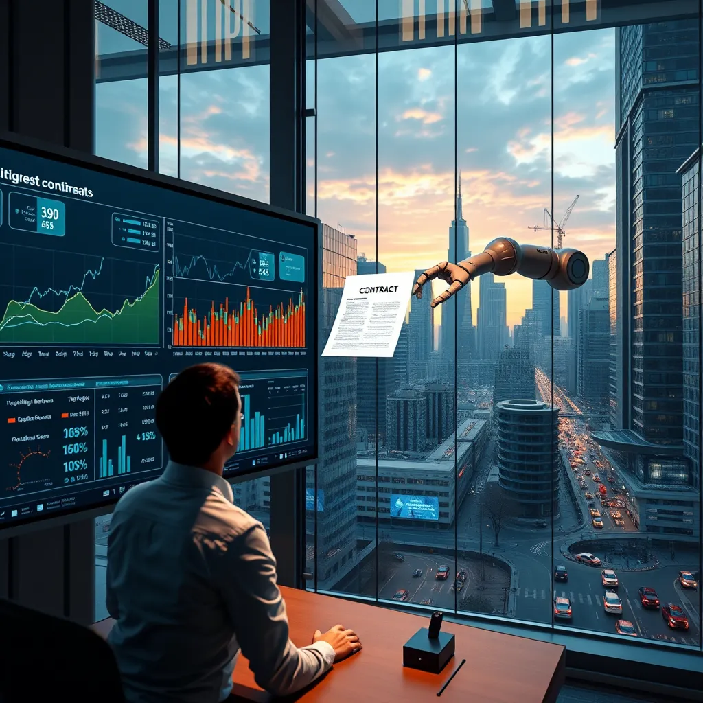 A futuristic office with a large screen displaying data and graphs. A person is looking at the screen, while a robot arm reaches out to them with a contract. The background shows a cityscape with skyscrapers and busy streets. The image should convey automation, efficiency, and targeted outreach.