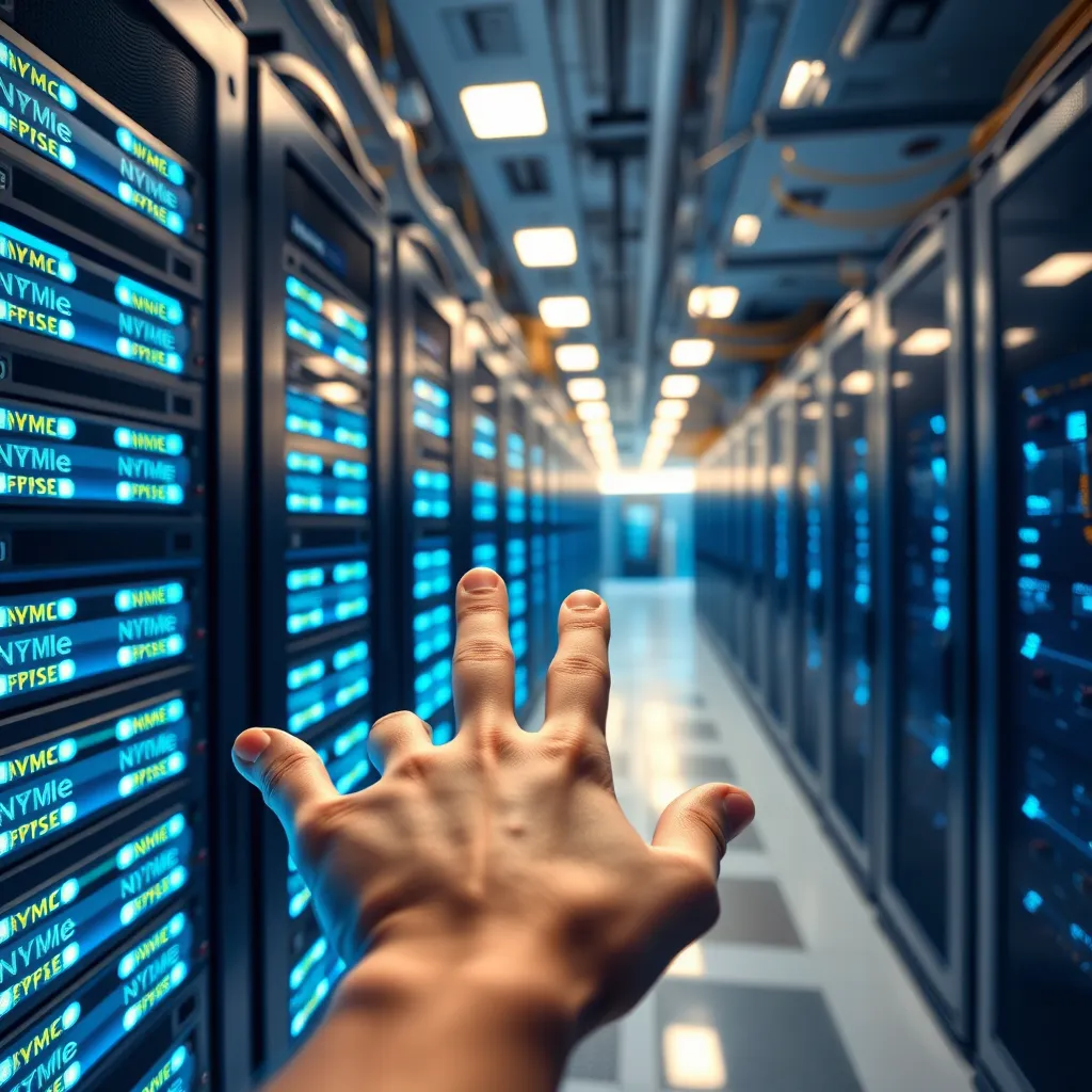 A futuristic server room with rows of gleaming NVMe SSDs, connected by high-speed cables.  The server room is brightly lit, and the SSDs are glowing with a vibrant blue light. In the foreground, a hand reaches out to touch an SSD, showcasing its speed and efficiency.
