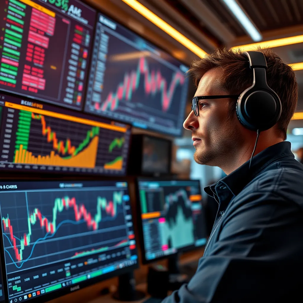 A futuristic trading room with a large monitor displaying a complex chart with real-time data, a trader with headphones analyzing the chart with a serious expression, surrounded by screens and technology, with a subtle glow of success and excitement.