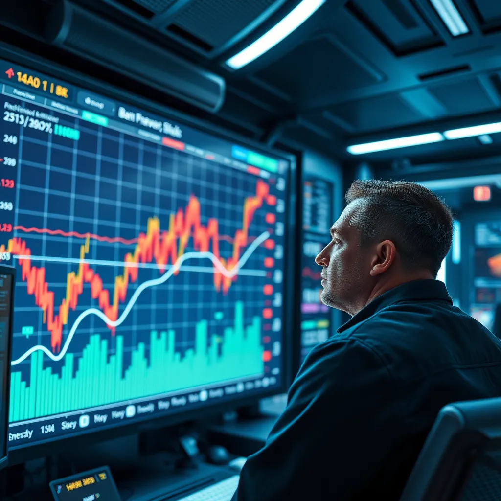 A futuristic trading room with a large screen displaying a dynamic chart showing upward and downward trends, with various technical indicators highlighted. The room is filled with advanced technology and a trader analyzing the chart with a serious expression.