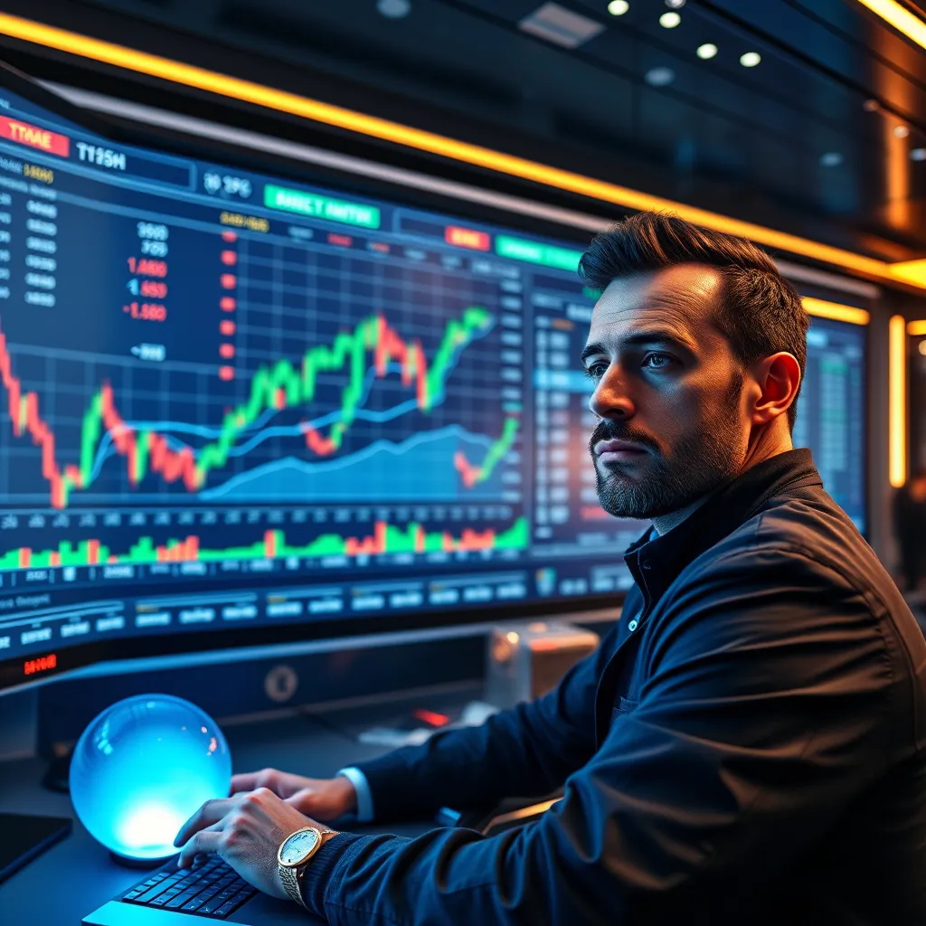 A futuristic trading room with a large screen displaying a complex financial chart, a trader with a confident expression analyzing data, and a glowing blue sphere representing a trade setup.