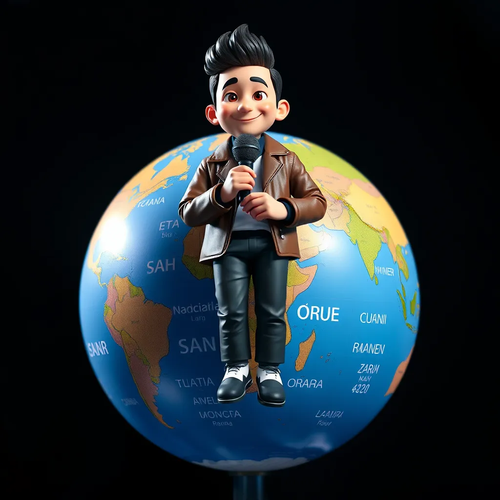 A globe with different languages written on it. A digital avatar is standing on top of the globe, holding a microphone. The avatar is wearing a stylish outfit and has a friendly expression on their face.