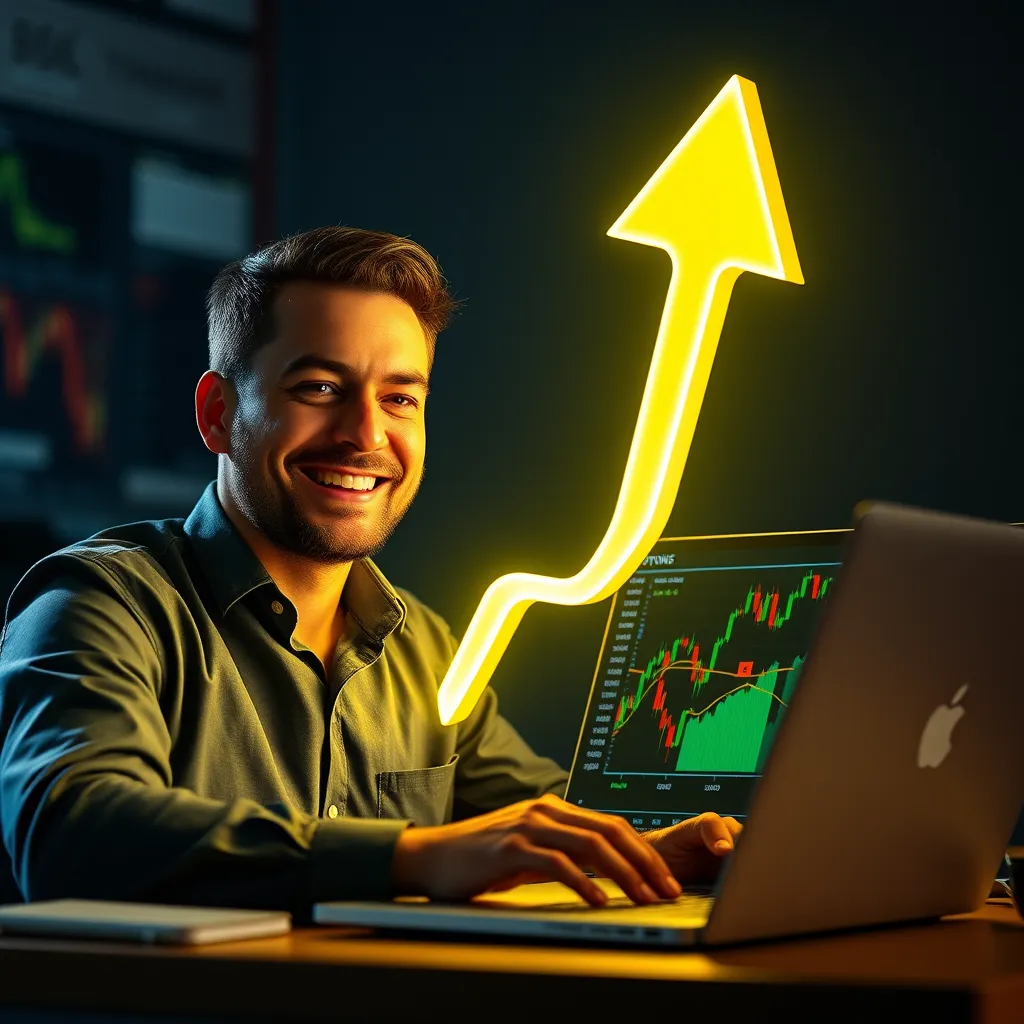 A glowing upward arrow symbolizing profits, a trader smiling confidently, and a laptop displaying a chart with successful trade entries and exits, showcasing the potential for successful trading.