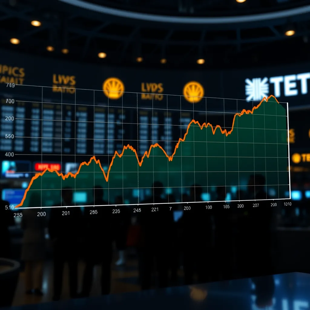 A graph showing the fluctuating price of a stock over time, with the current price highlighted in a bold color. In the background, silhouettes of people buying and selling on a stock exchange floor.