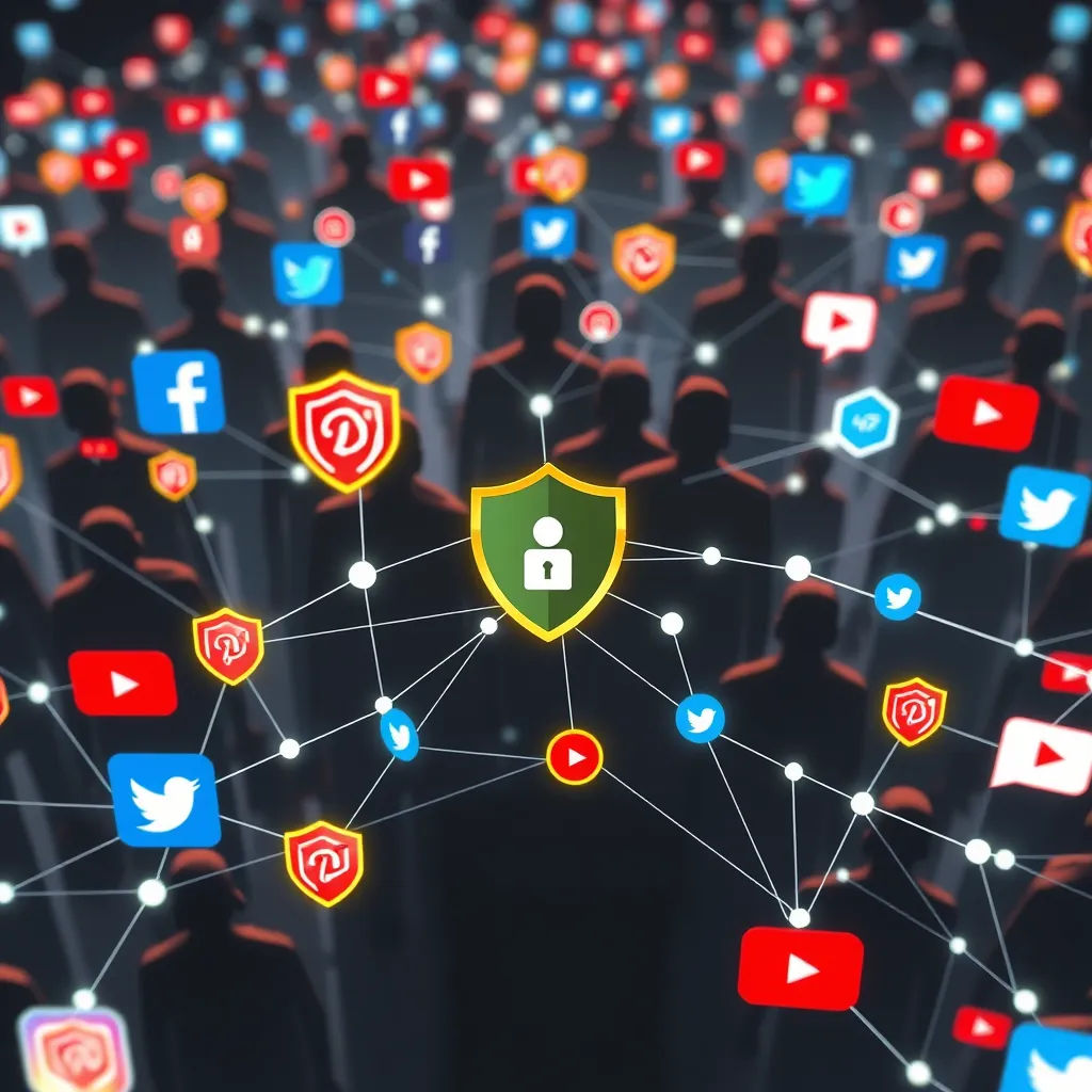 A graphic representing a large network of connected individuals with a background of social media platforms like Facebook, Instagram, Twitter, and YouTube. The graphic should emphasize trust and security with symbols like shields and checkmarks.
