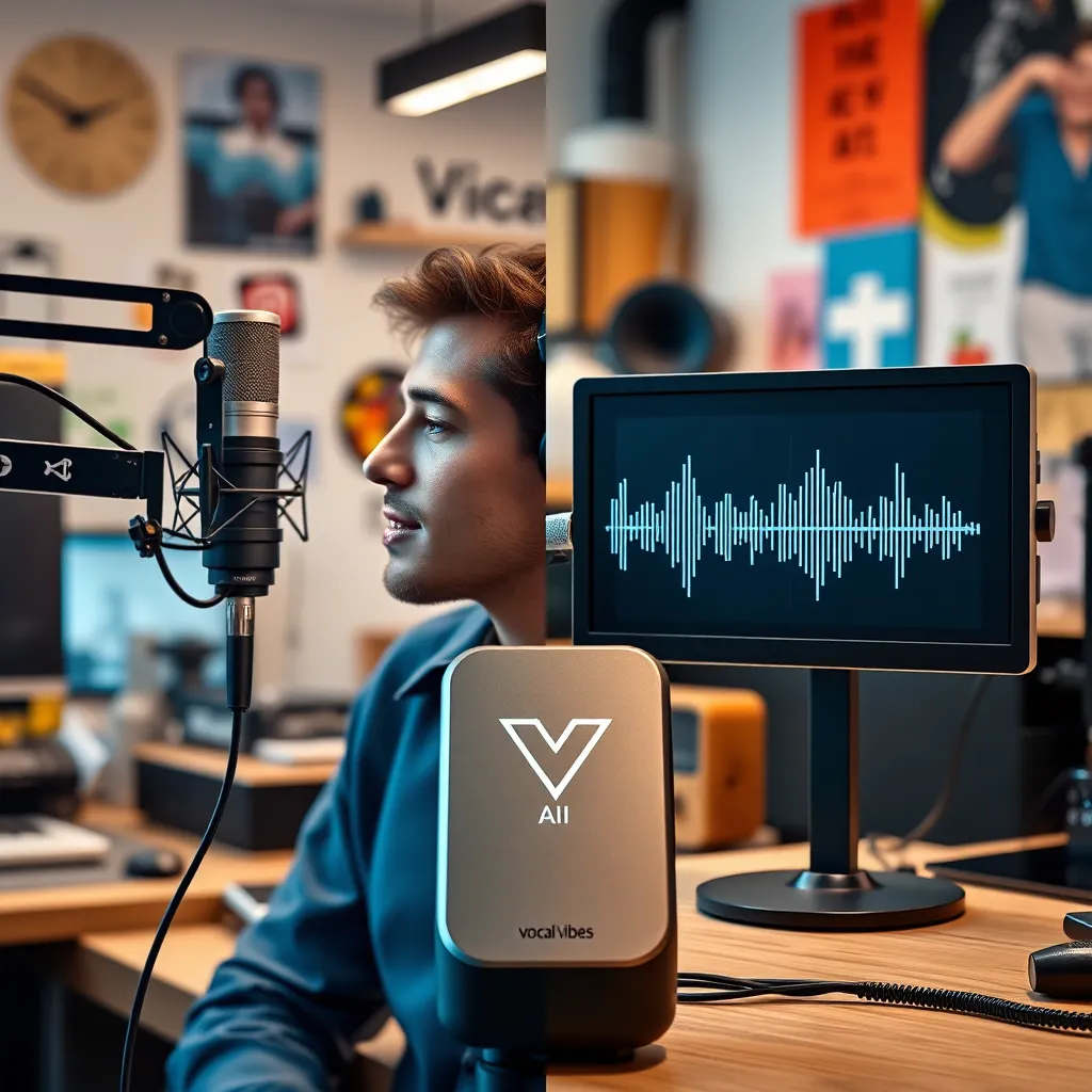 A graphic showcasing a split screen. One side shows a person with a microphone recording their voice. The other side shows a device with the Vocal Vibes AI logo on it. The device is generating a realistic voiceover from the recording, with the waveform of the voice being displayed. The background should be a vibrant, modern workspace with various technology and equipment.