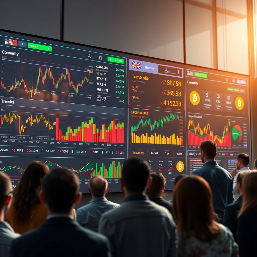 A graphic showing various types of assets being traded on a large, interactive touchscreen. The assets include stock charts, commodity prices, currency exchange rates, and cryptocurrency charts. The touchscreen is surrounded by people from different backgrounds, representing the diverse nature of the financial market.