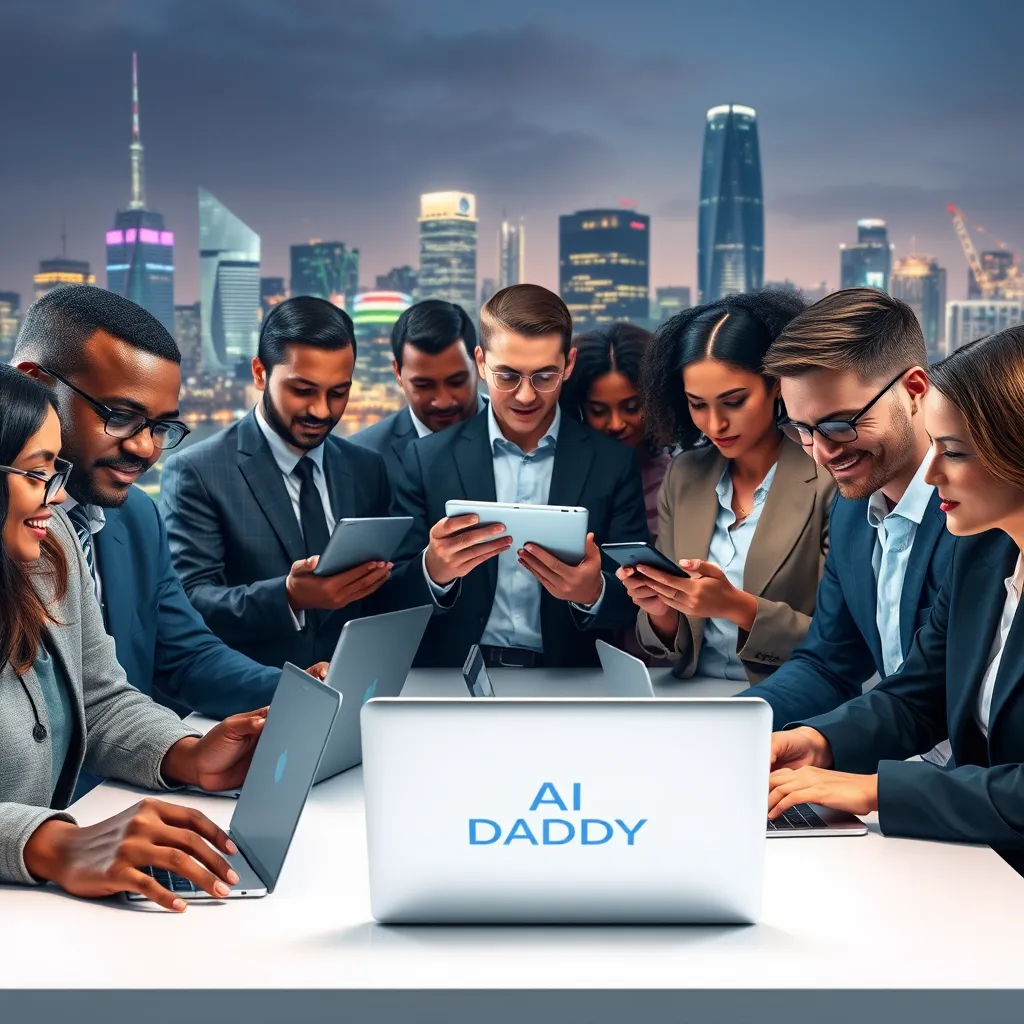 A group of diverse businesspeople from different industries using AI DADDY on their laptops, tablets, and smartphones. The background depicts a futuristic cityscape, symbolizing the power of accessible AI technology.