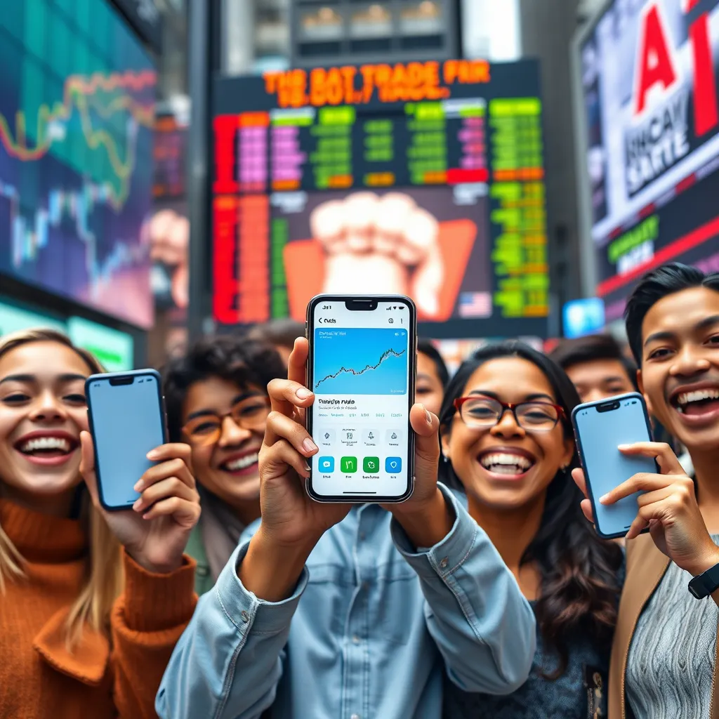 A group of diverse individuals of different ages and backgrounds, smiling and looking excited, holding up their phones with a trading app open, showcasing a vibrant and inclusive trading community. The background should be a bustling financial district with a large screen displaying stock market data, conveying the excitement and opportunity of trading.