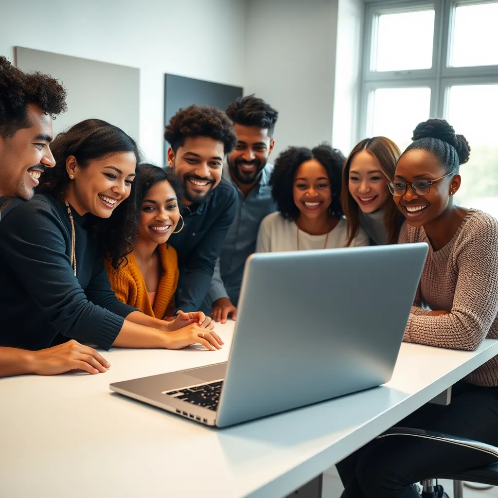 A group of diverse people are gathered around a laptop, watching a high-quality video with no buffering. The laptop is placed on a sleek, modern desk, and the room is brightly lit, showcasing a positive and productive environment.